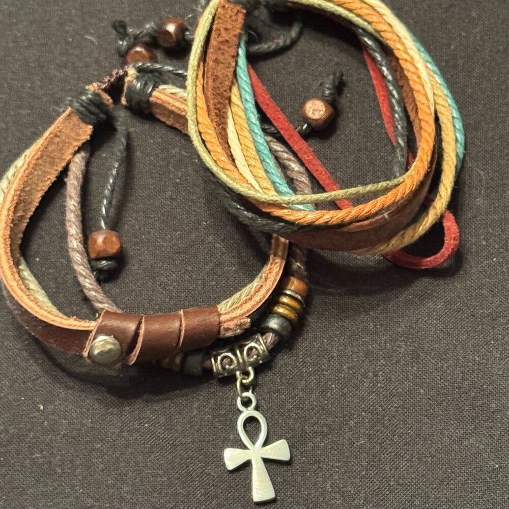 Vintage Corded Bracelet set Cross Brown Cream Blue